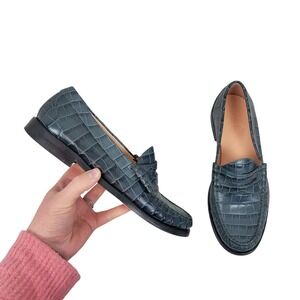 J. Crew Crocodile‎ Embossed Leather Winona Loafers Blue Green Size 7